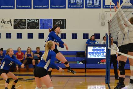 Alyssa Fenstad spikes the ball back to Esko at the August 30 home game