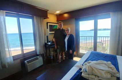 Scott and Chris Mehlhaff in one of the luxurious rooms at Best Western Plus - Superior Inn on the Grand Marais waterfront