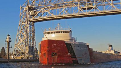 The Roger Blough departs for Lake Superior on March 22, 2017. Photo by Ken Newhams