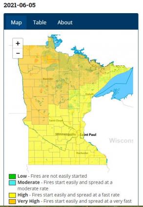 The Minnesota Department of Natural Resources statewide fire danger map. Image courtesy of MN DNR