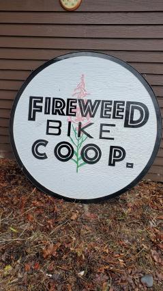 Fireweed Bike Co-op sign at the new location. Photo by Rhonda Silence