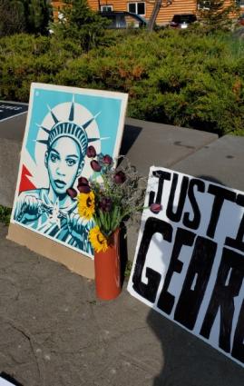 A temporary George Floyd Memorial in Harbor Park, a year from the day he died on May 25, 2020. Photo by Rhonda Silence