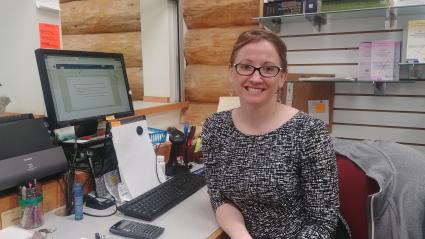 Grand Marais Pharmacy Pharmacist Heidi Barron thanks patients for their patience. Photo by Rhonda Silence