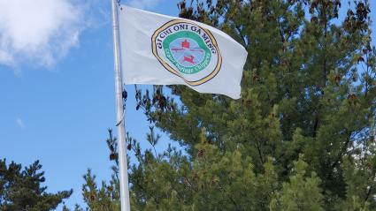 The Grand Portage flag flies outside the Cook County Courthouse in Grand Marais. Photo by Rhonda Silence