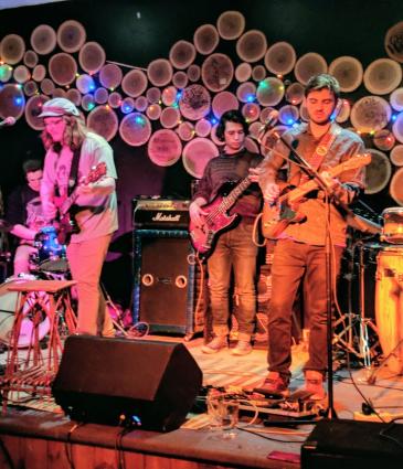 Joe Dunn (left), Jimmy Geisinger, and Demetri Rallis (right) of Frogleg playing at Wunderbar, 2018