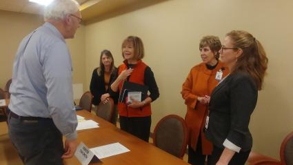 Senator Tina Smith speaks with the public after a November 25 healthcare round table. Photo by Rhonda Silence