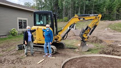 Mary Sanders and Nancy Koloski checking out the progress at the Serenity Garden at North Shore Health. Photo by Rhonda Silence