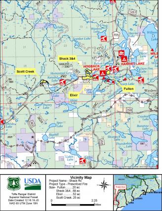 Map of prescribed fires for May 8 and 9 on Superior National Forest. Image courtesy of US Forest Service