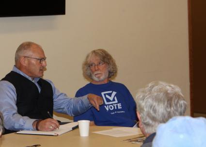 Pete Stauber (left) talks with a group of Cook County residents Aug. 28, 2019. Photo by Joe Friedrichs