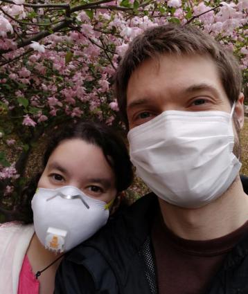 Tony Hegg and Jessica Vega enjoy some outdoor time in Shanghai--with masks. Submitted photo