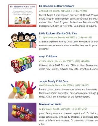 A search for childcare in the Duluth area brings up pages of options for parents