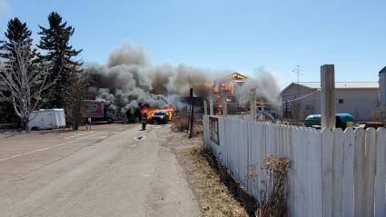 Fire burning downtown Grand Marais on April 13 at 1:30 p.m. Photo by Rhonda Silence