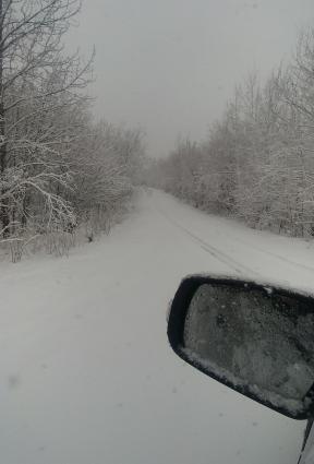 The heavy, wet snowfall of April 29 has led to a two-hour delay at local schools. Photo by Rhonda Silence